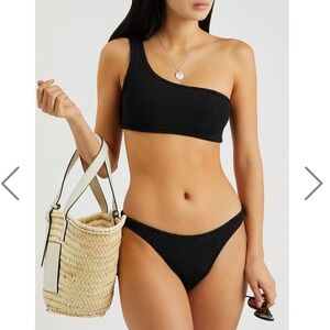 Hunza G Black Bikini SET Nancy One Shoulder Size Crinkle Stretchy Swimsuit Rare